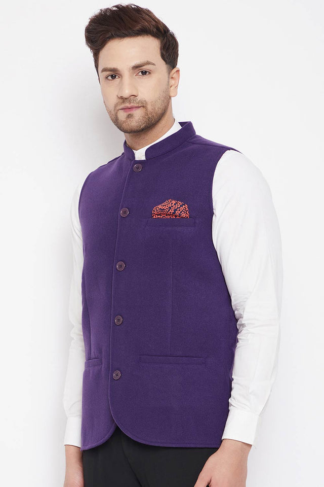 Buy Men's Wool Solid Nehru Jacket in Purple