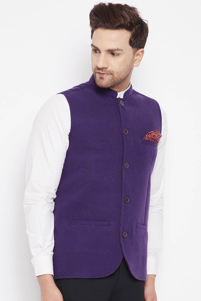Buy Men's Wool Solid Nehru Jacket in Purple