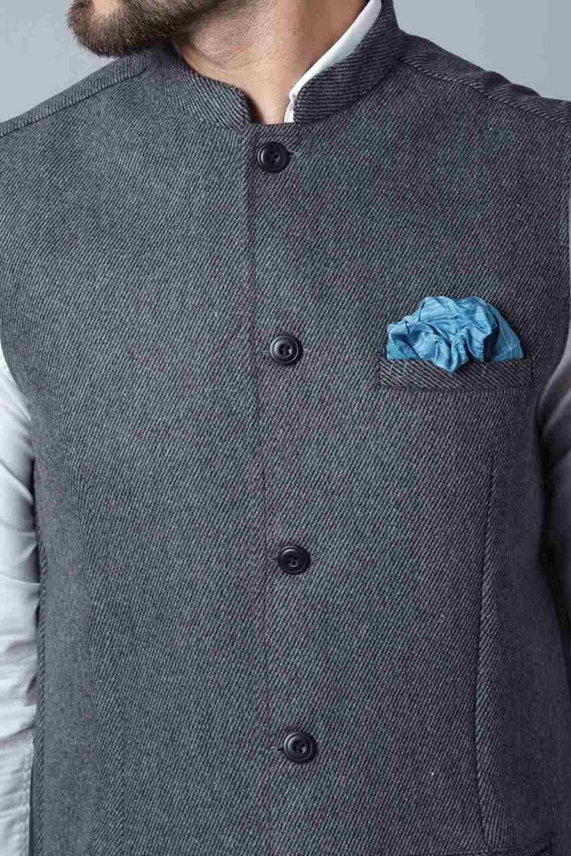 Buy Men's Grey Wool Textured Waistcoat Online - KARMAPLACE