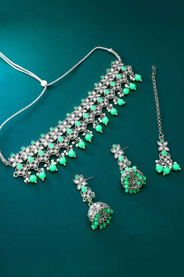 Buy Women's Alloy Necklace Set in Silver and Green