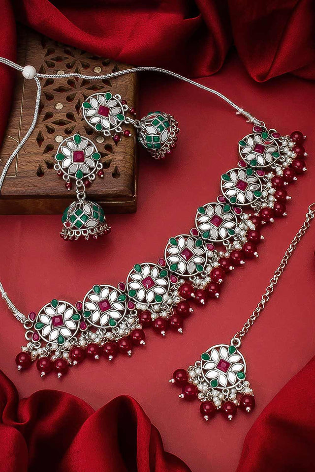 Buy Women's Oxidized Necklace Set In Red