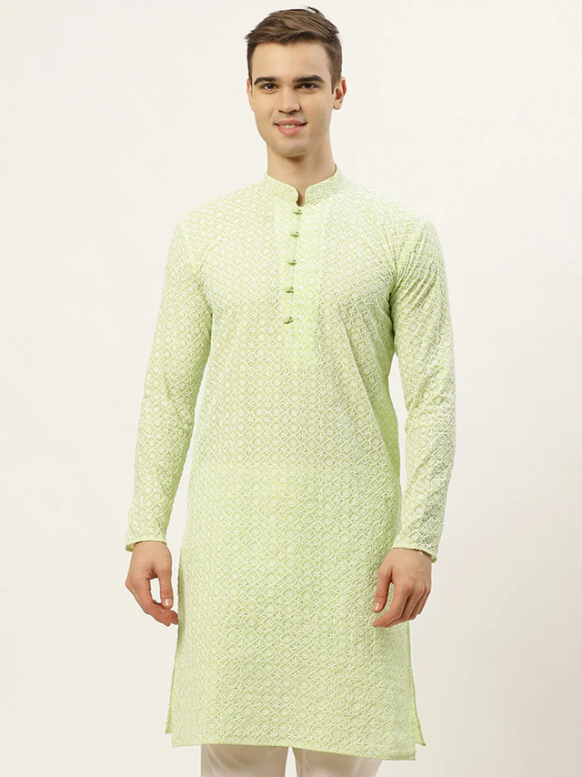Men's Green Cotton Embellished Kurta Top
