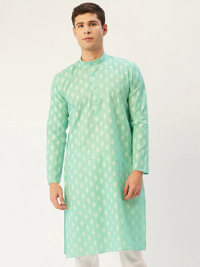 Men's Green Cotton Blend Printed Kurta Top
