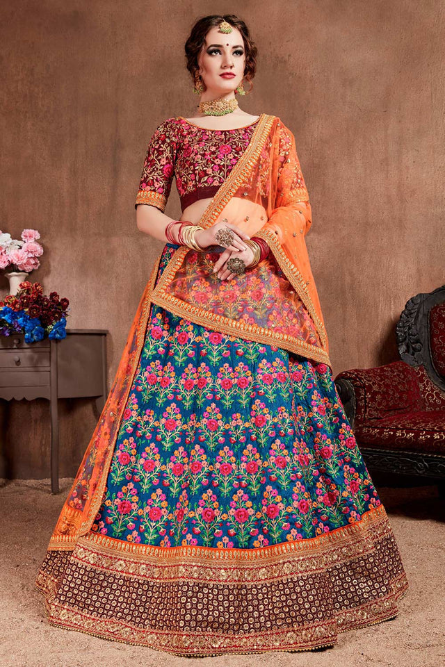 Navy Blue Mulberry Silk Zari Sequins Embroidery With Stone Work Lehenga Set (NT1-7101)