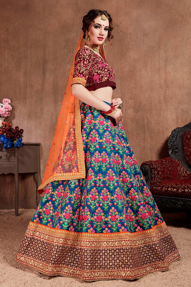 Navy Blue Mulberry Silk Zari Sequins Embroidery With Stone Work Lehenga Set (NT1-7101)