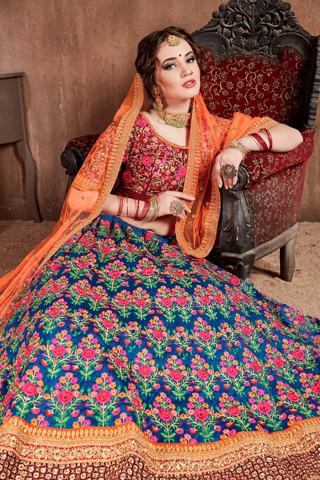Navy Blue Mulberry Silk Zari Sequins Embroidery With Stone Work Lehenga Set (NT1-7101)