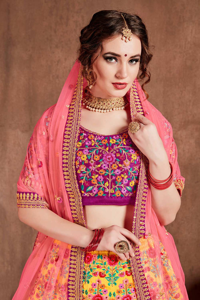 Yellow Mulberry Silk Zari Sequins Embroidery With Stone Work Lehenga Set (NT1-7102)