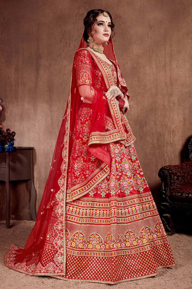 Carmine Red Mulberry Silk Zari Sequins Embroidery With Stone Work Lehenga Set (NT1-7104)