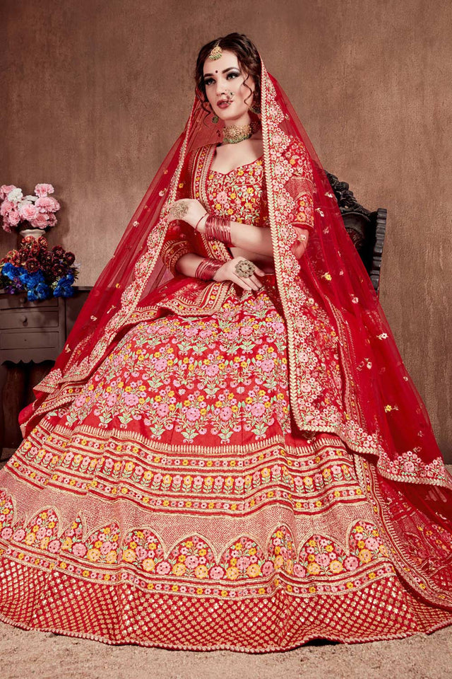 Carmine Red Mulberry Silk Zari Sequins Embroidery With Stone Work Lehenga Set (NT1-7104)