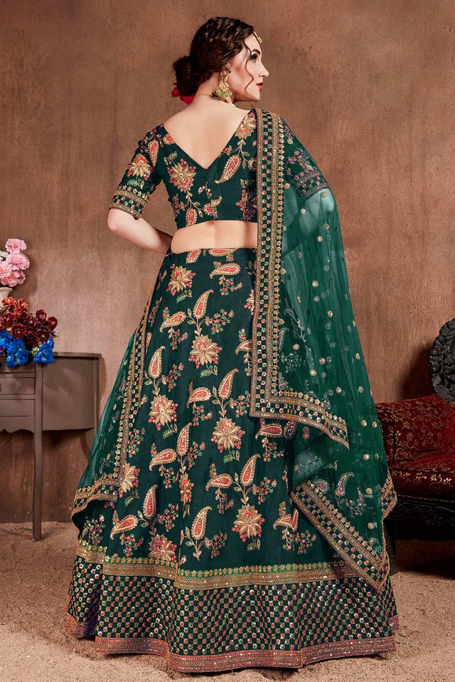 Dark Green Taffeta Silk Zari Sequins Embroidery Work Lehenga Set (NT1-7105)