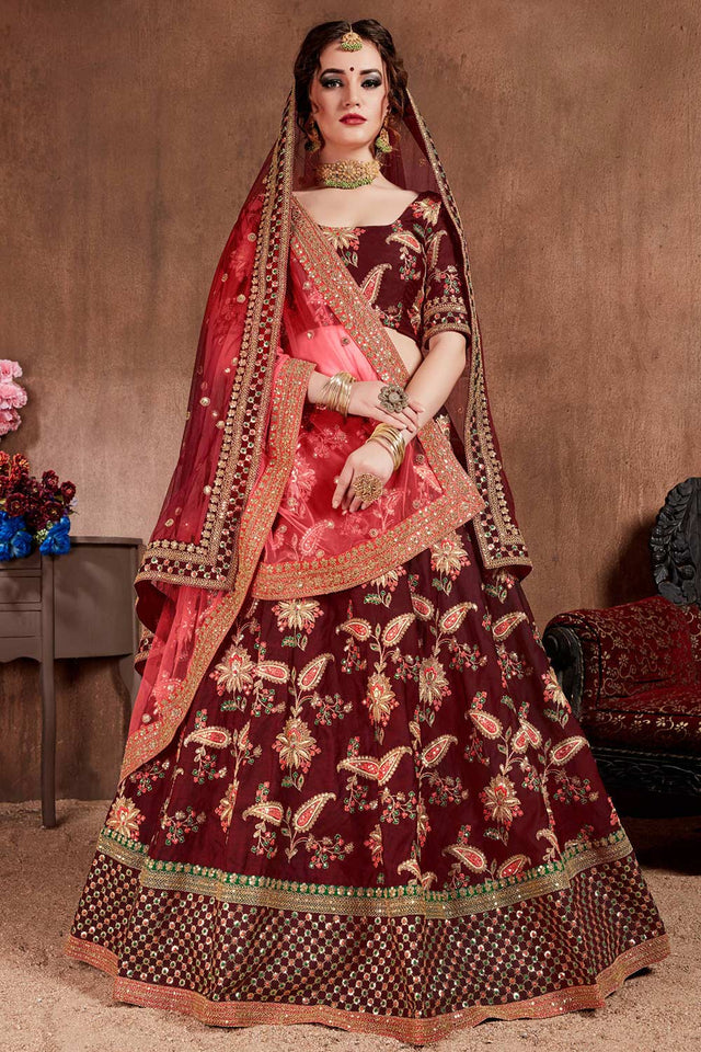 Dark Maroon Taffeta Silk Zari Sequins Embroidery Work Lehenga Set (NT1-7106)