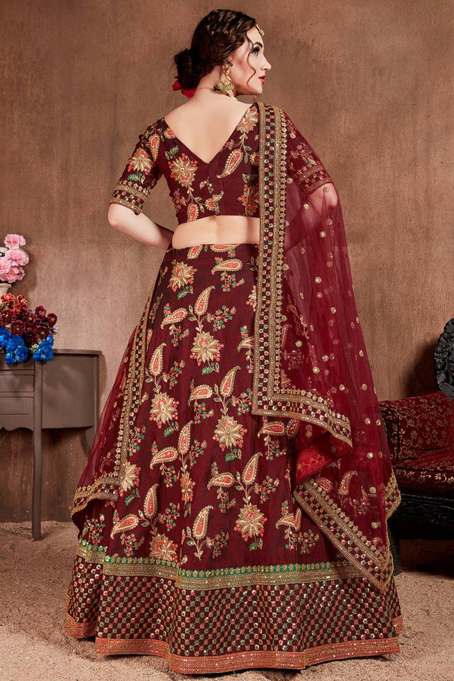 Dark Maroon Taffeta Silk Zari Sequins Embroidery Work Lehenga Set (NT1-7106)