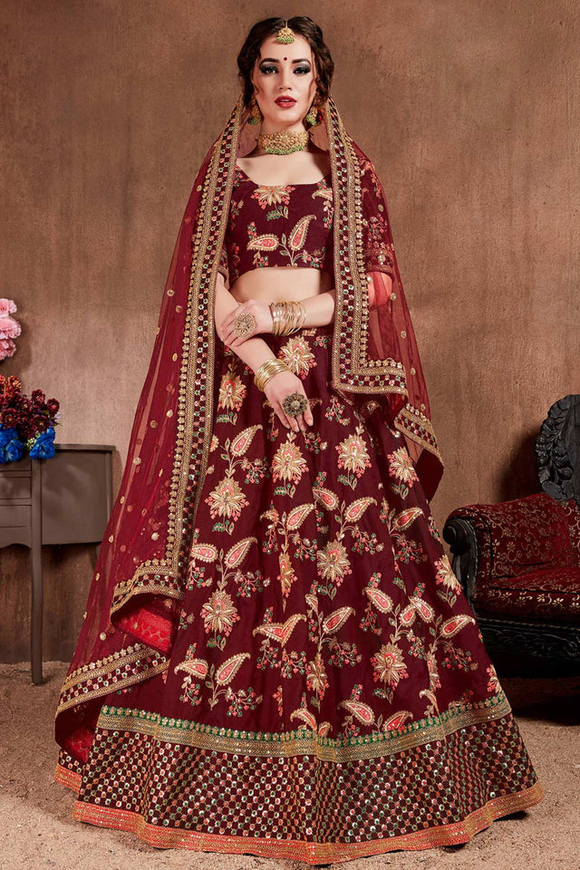 Dark Maroon Taffeta Silk Zari Sequins Embroidery Work Lehenga Set (NT1-7106)