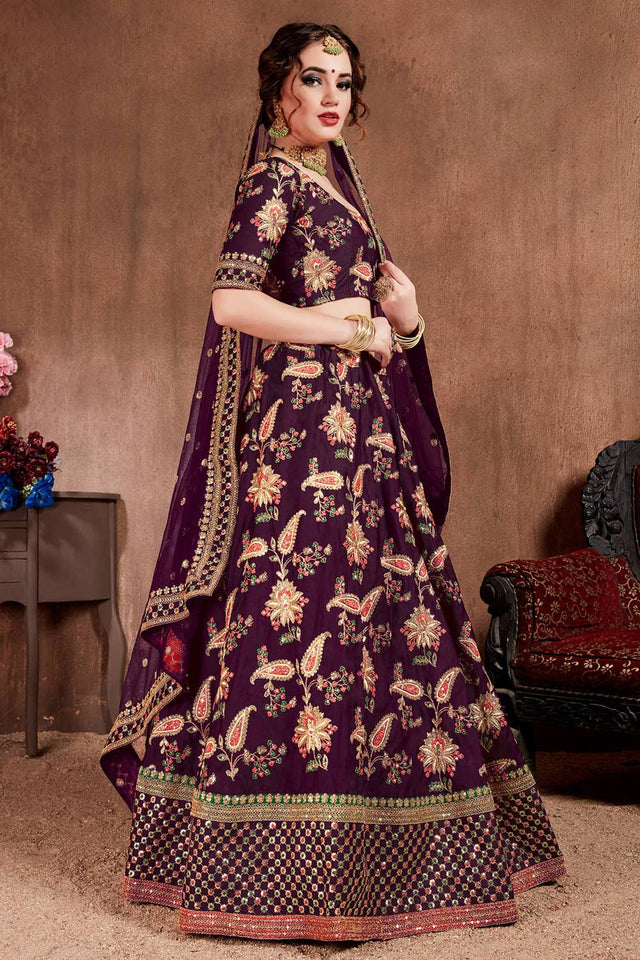 Dark Purple Taffeta Silk Zari Sequins Embroidery Work Lehenga Set (NT1-7107)