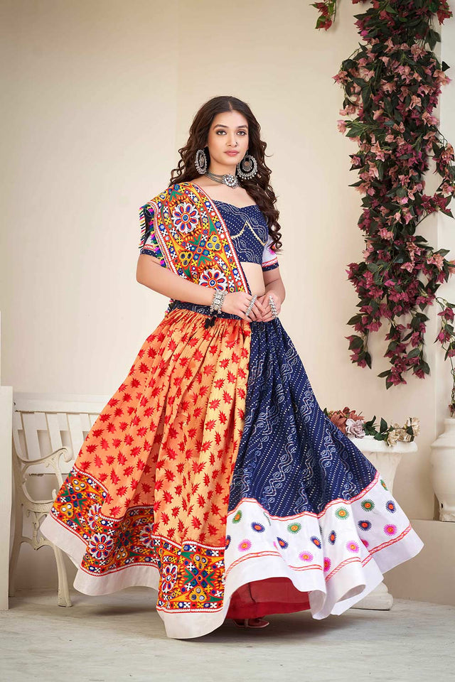 Blue Cotton Silk Embroidered Lehenga Choli