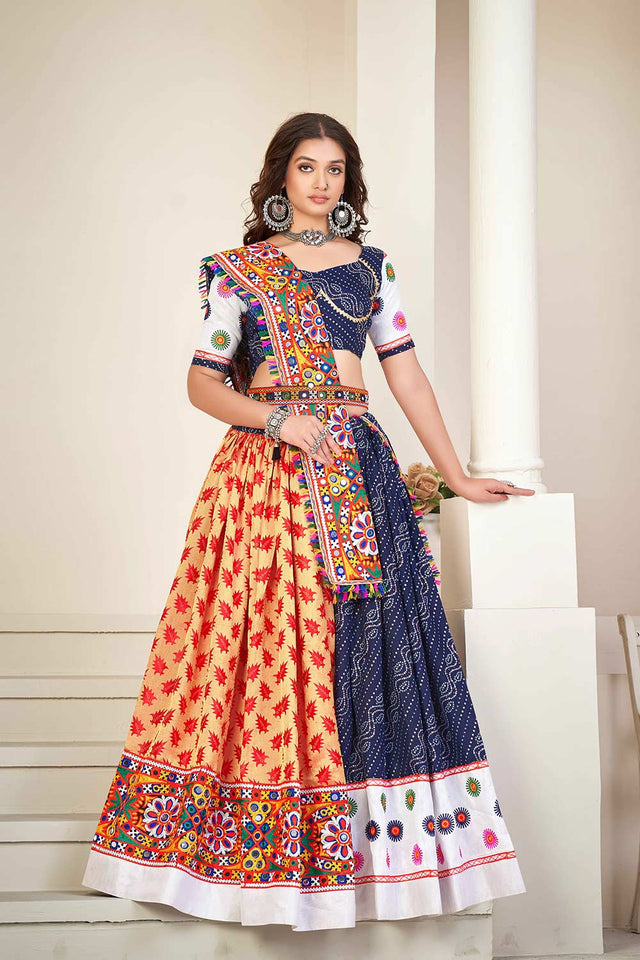 Blue Cotton Silk Embroidered Lehenga Choli