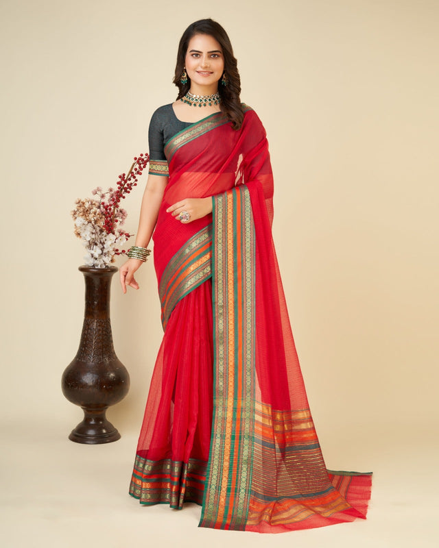 Red Semi Cotton Doriya Saree