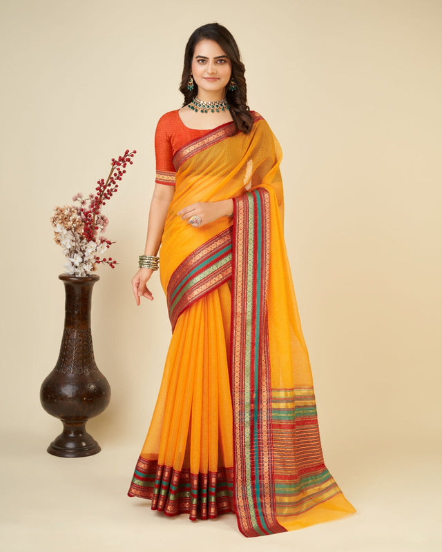 Dark Yellow Semi Cotton Doriya Saree