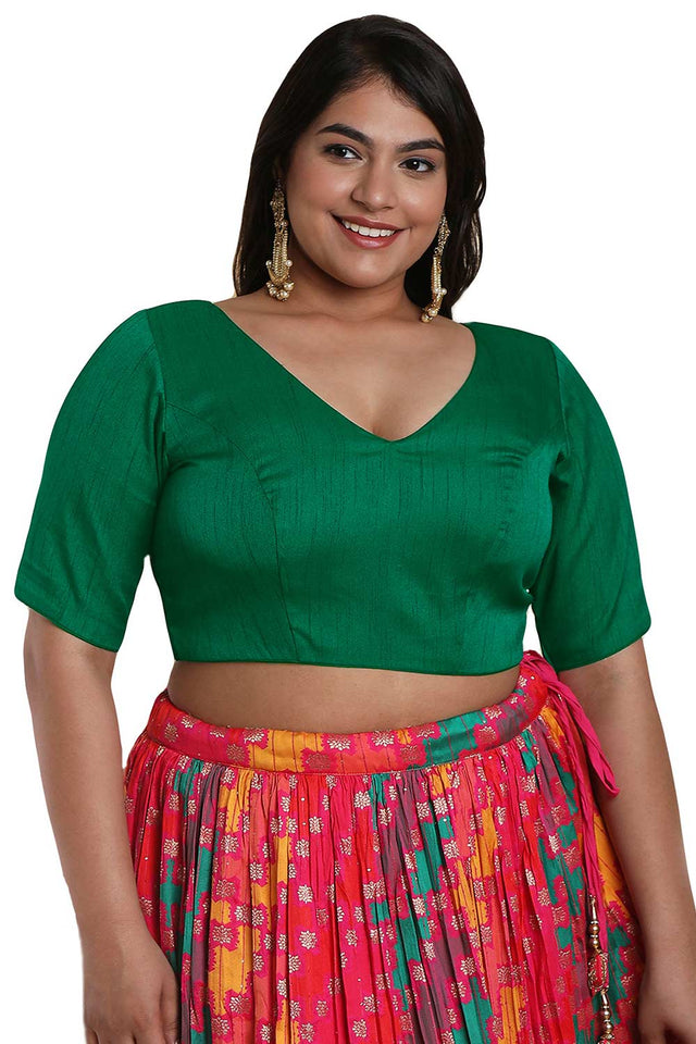 Buy Green Raw Silk Readymade Saree Blouse Online - KARMAPLACE