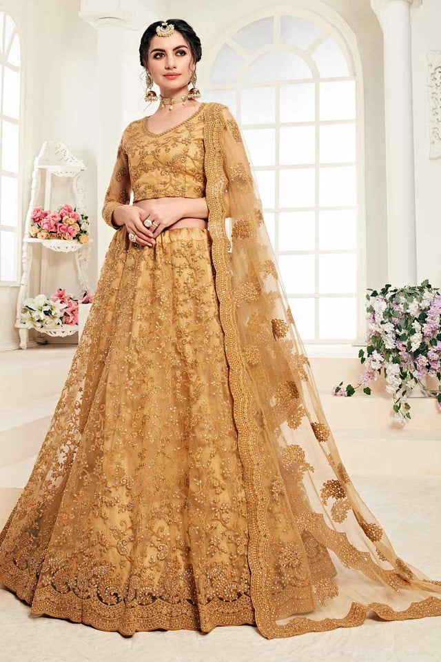 Satin Silk Resham Embroidery Lehenga in Occur Yellow