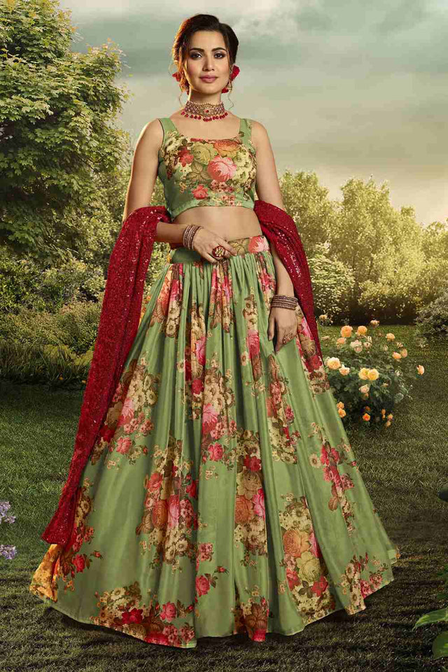 Buy Organza Printed Lehenga Choli in Green