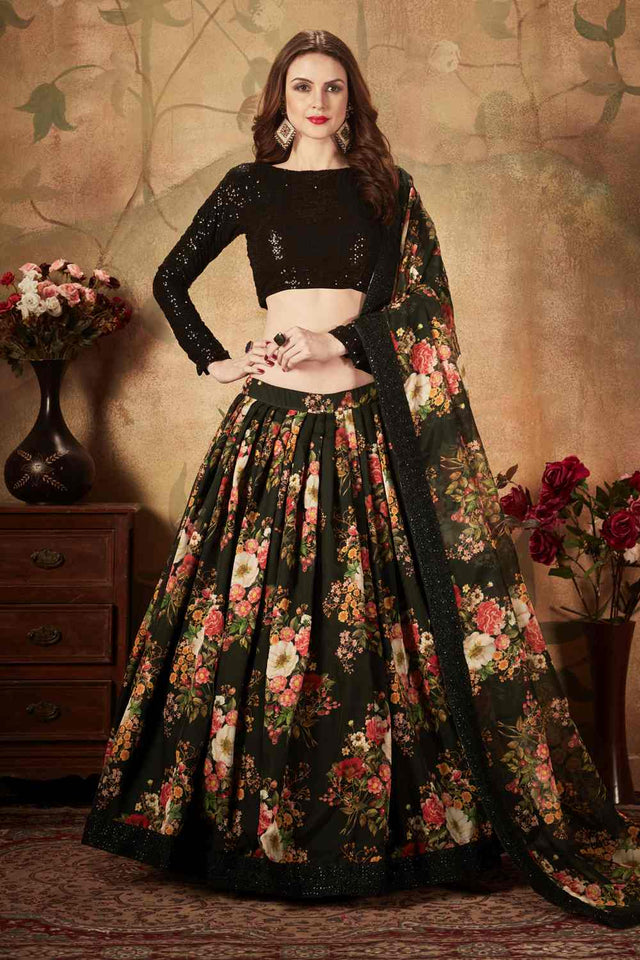 Buy Organza Printed Lehenga Choli In Black