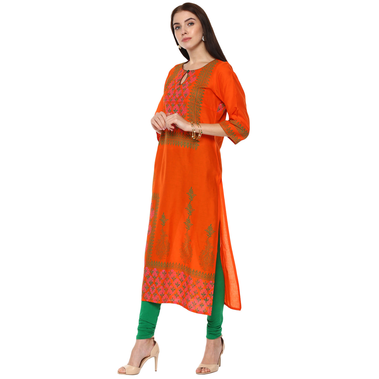 Blended Cotton Printed Kurti Top In Orange (RF-2445)