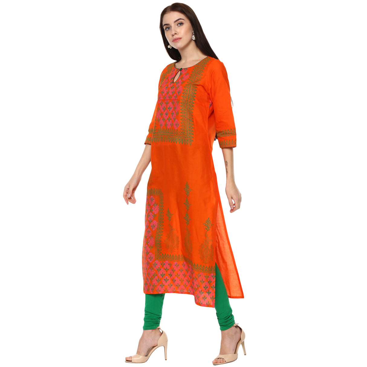 Blended Cotton Printed Kurti Top In Orange (RF-2445)