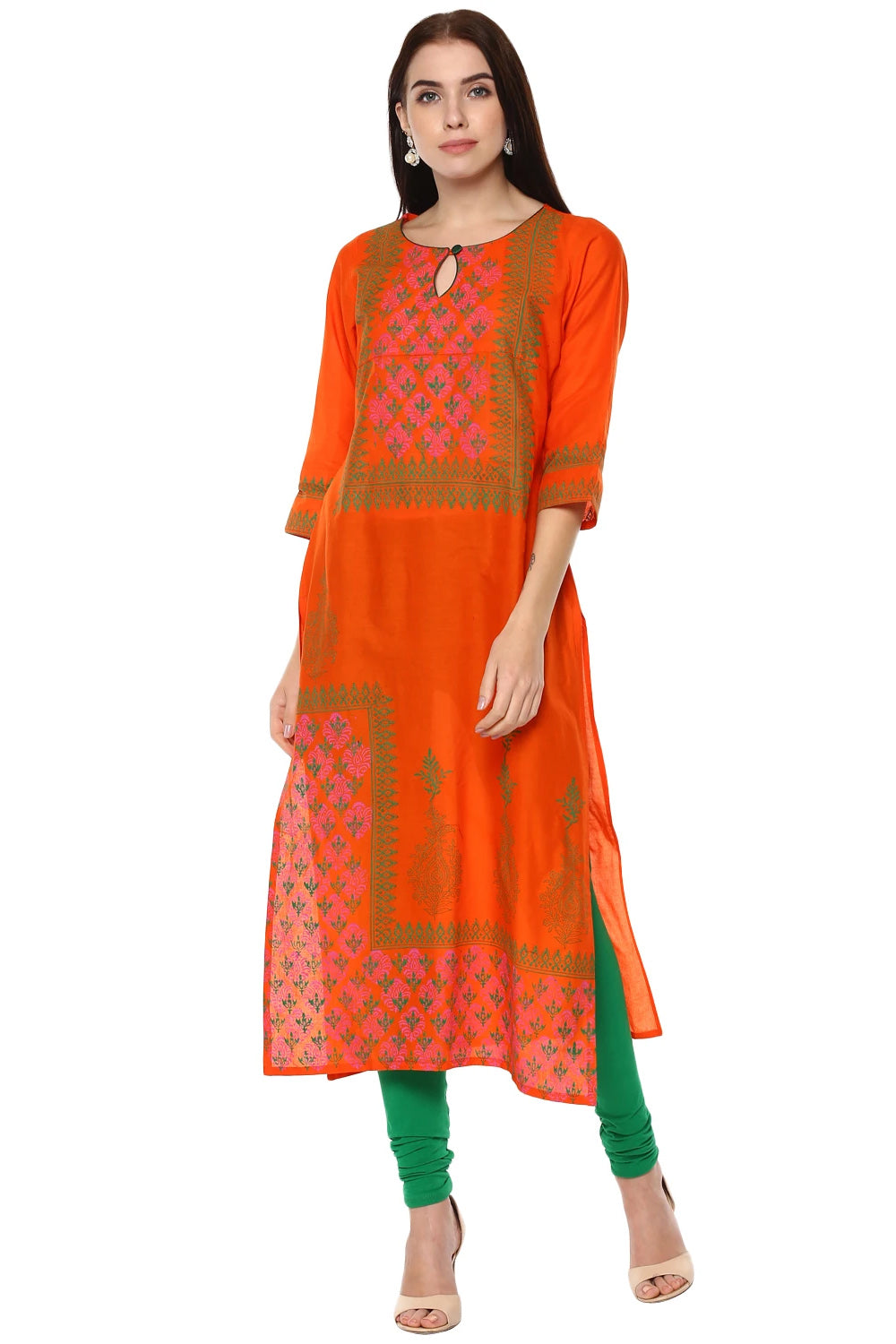 Blended Cotton Printed Kurti Top In Orange (RF-2445)