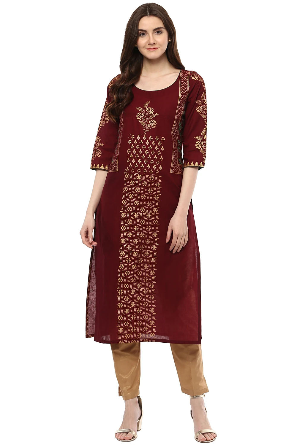 Blended Cotton Printed Kurti Top In Brown