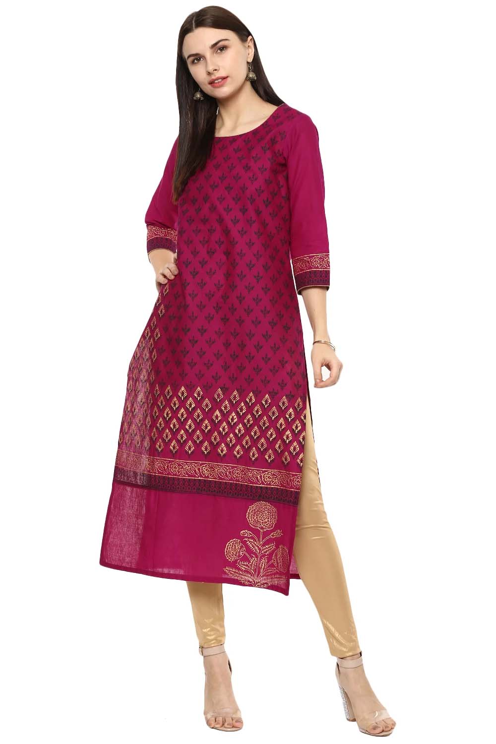 Blended Cotton Printed Kurti Top In Magenta