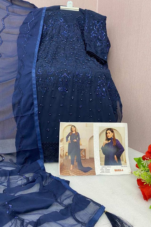 Blue Sequins With Floral Embroidered Georgette Pant Suit Set