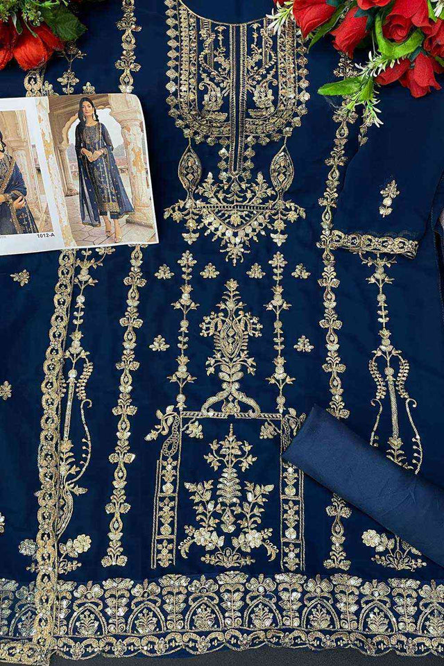 Blue Floral Embroidered With Sequins Georgette Salwar Suit Set