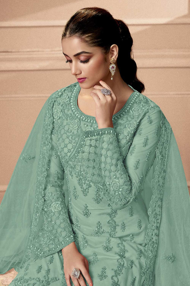 Light Green Party Wear Embroidered Netted Pant Suit Set (RF26298)