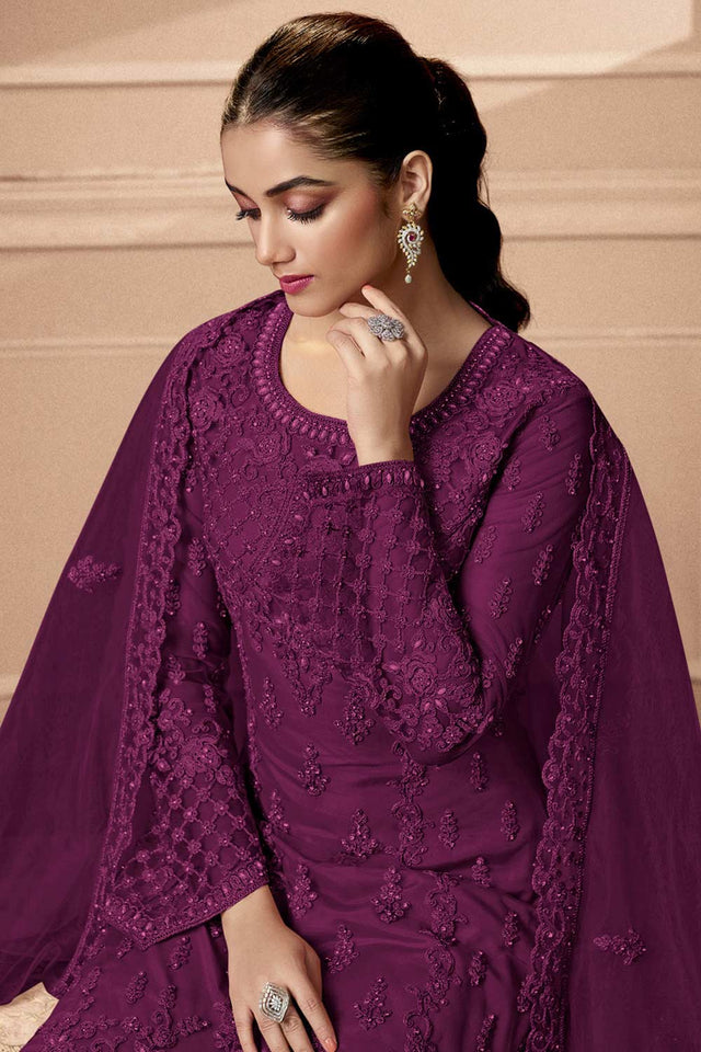 Purple Party Wear Embroidered Netted Pant Suit Set