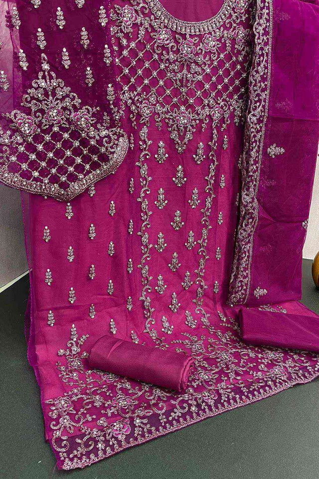 Purple Party Wear Embroidered Netted Pant Suit Set