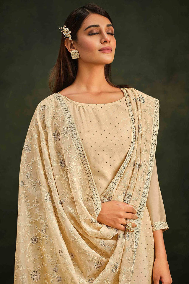 Beige Floral Embroidered And Diamond Work Organza Straight Cut Suit