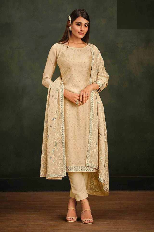 Beige Floral Embroidered And Diamond Work Organza Straight Cut Suit