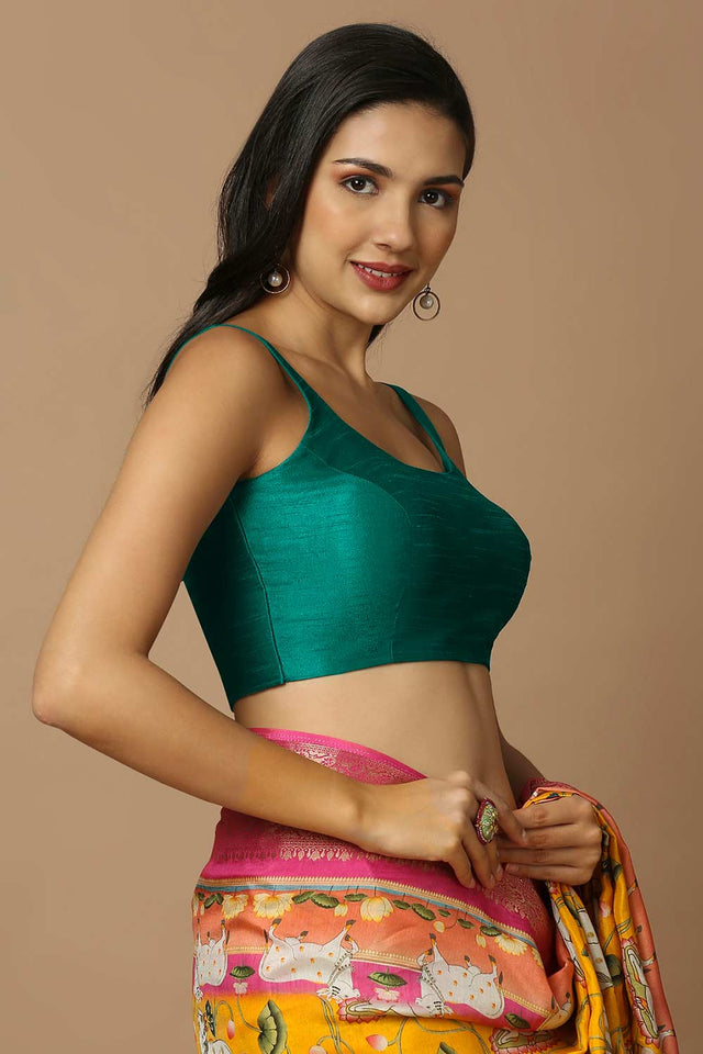 Green Silk Sleeveless Padded Blouse