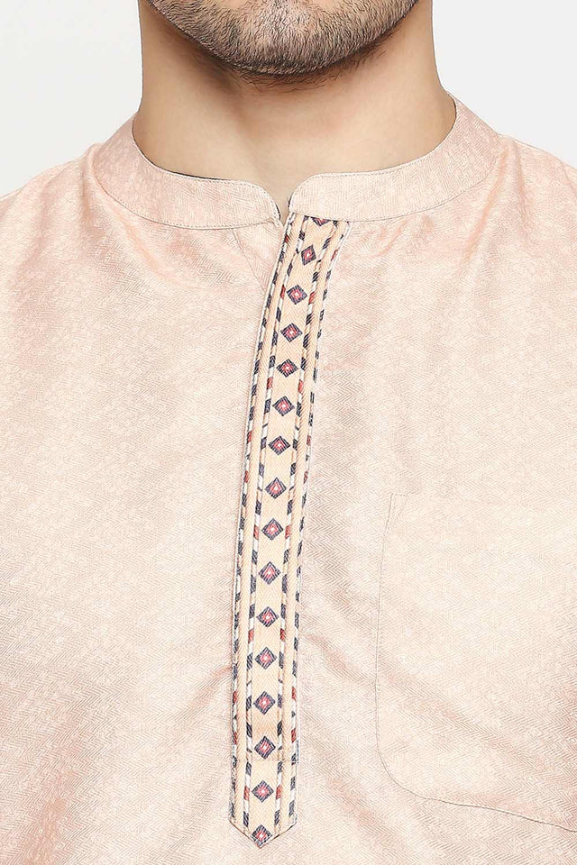 Buy Men's Poly Cottton Printed Short Kurta in Ivory Online - Zoom In