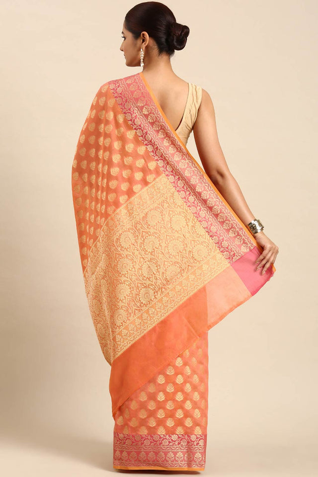 Orange Art Silk Block Saree