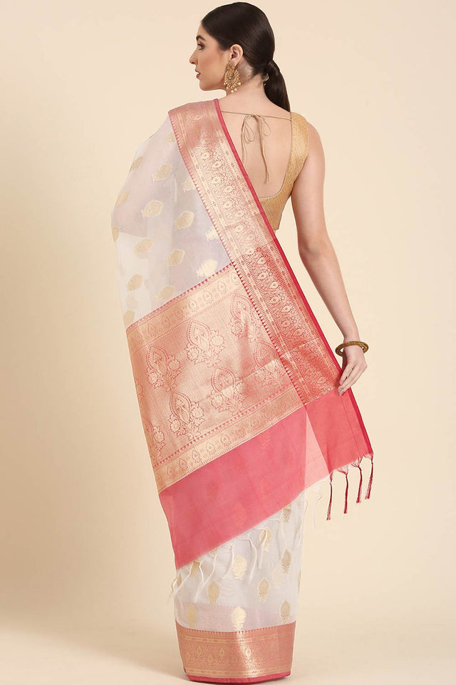 White Silk Blend Self-Design Saree