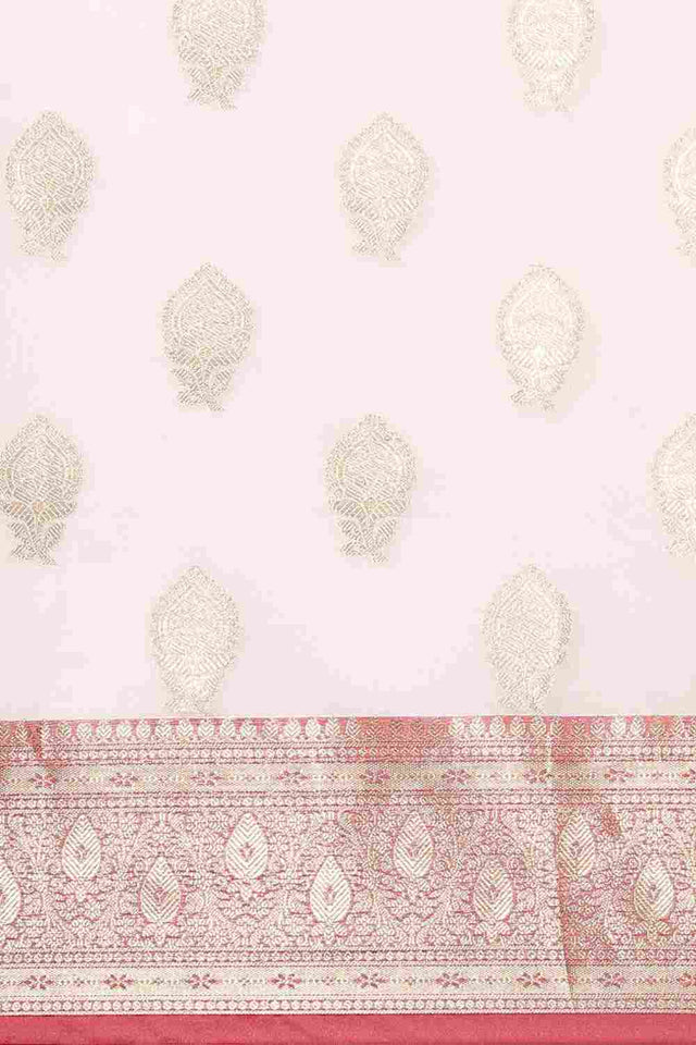 White Silk Blend Self-Design Saree