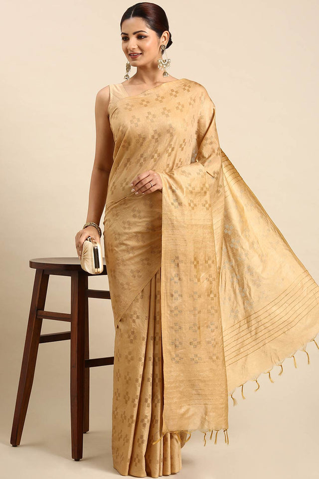 Beige Art Silk Block Saree