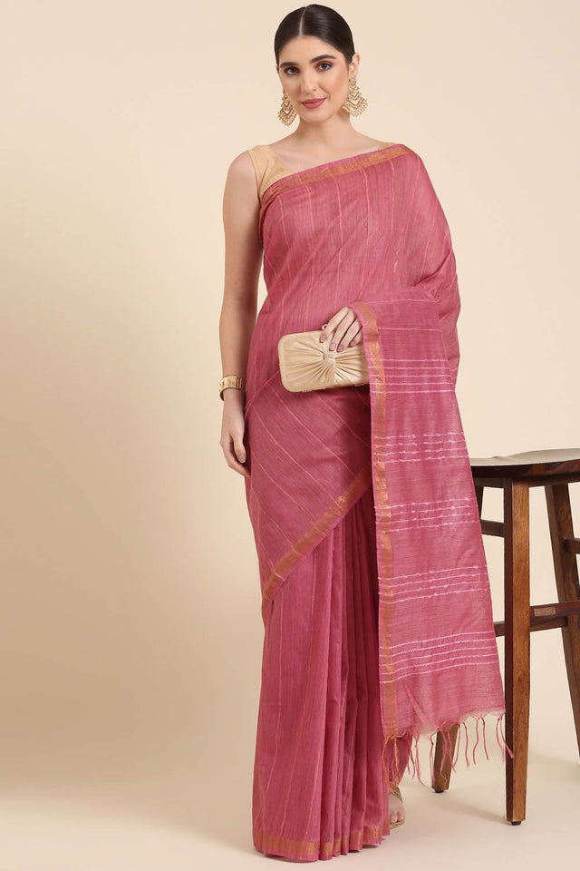 Pink Silk Blend Self-Design Saree