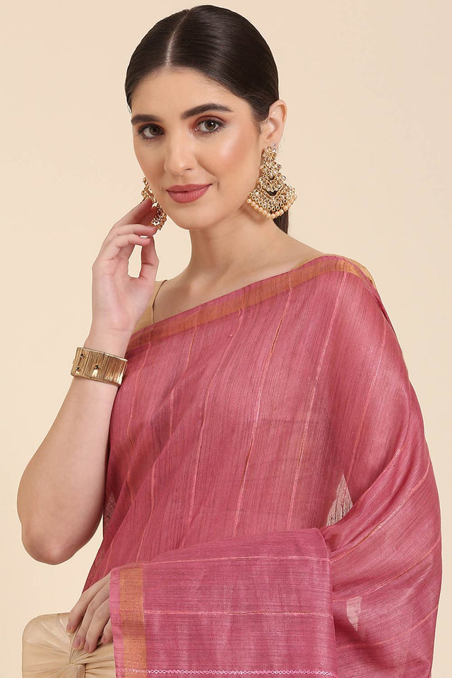 Pink Silk Blend Self-Design Saree