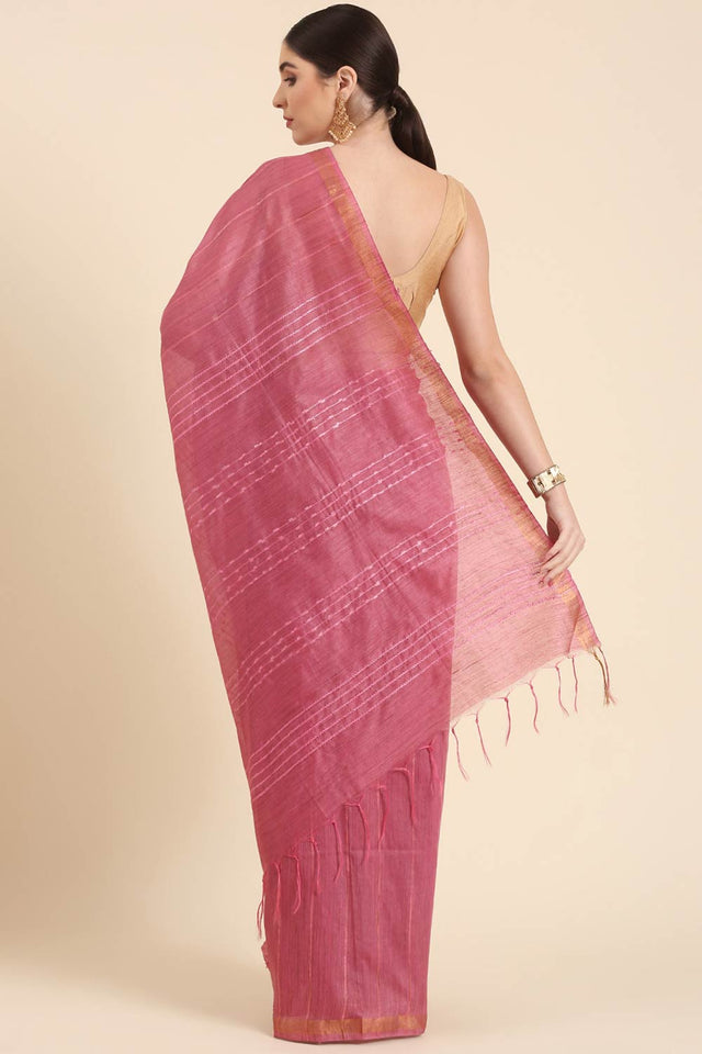 Pink Silk Blend Self-Design Saree