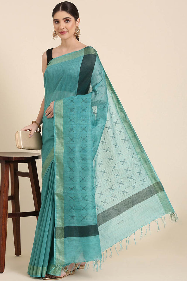 Blue Silk Blend Self-Design Saree