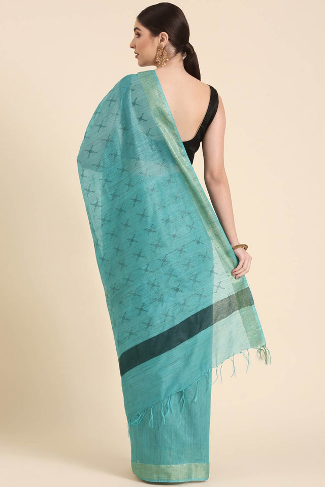Blue Silk Blend Self-Design Saree