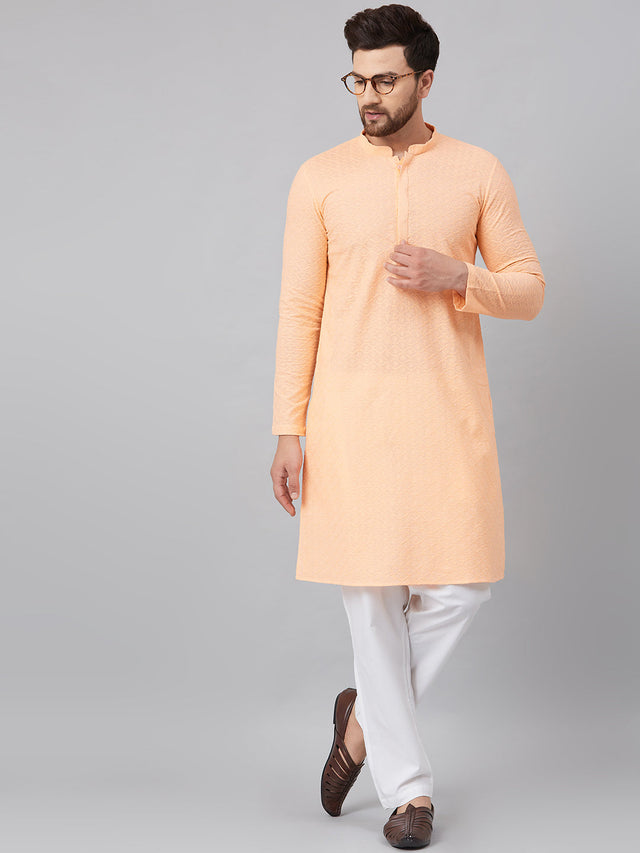 Buy Men's Peach Cotton Chikankari Embroidered Kurta Pajama Set Online